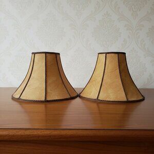 Set of 2 Vintage Faux Parchment Bell Lampshades with Brown Braided Trim